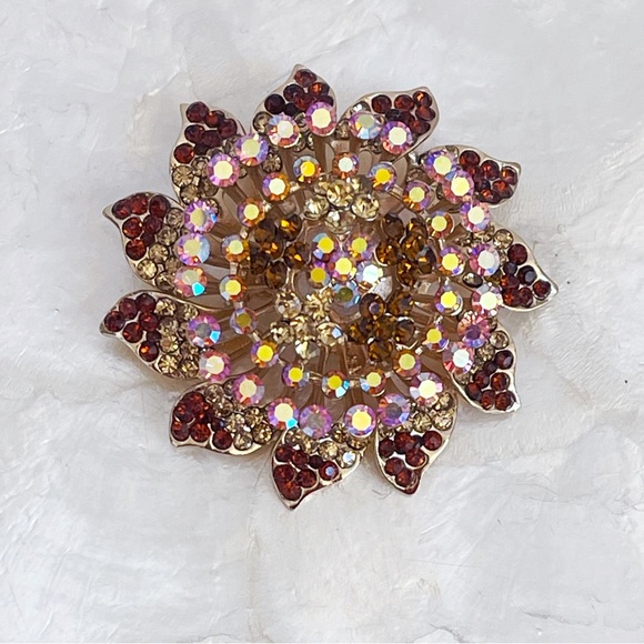 Brown & Pink Iridescent Rhinestone Large Floral Brooch 2 3/4” Statement - Picture 3 of 11